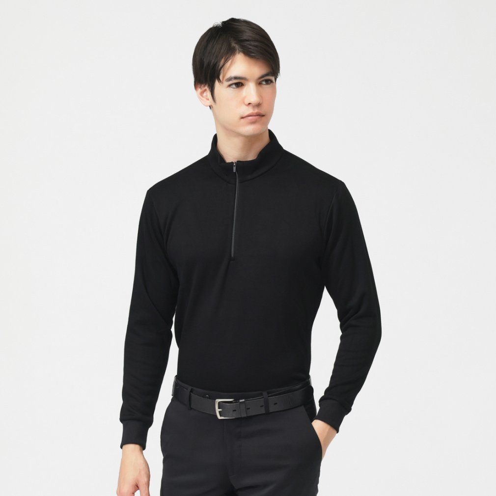 ＋5度アイヒートハーフジップシャツ無地ゆったりBK TR-1L1525Z-HYBK