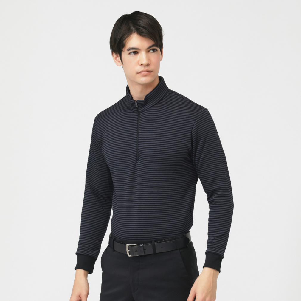 ＋5度アイヒートハーフジップシャツ柄ゆったりBK TR-1L1535Z-HYBK(ダークグレー×ダークグレー-L-M)