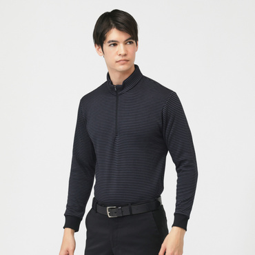 ＋5度アイヒートハーフジップシャツ柄ゆったりBK TR-1L1535Z-HYBK