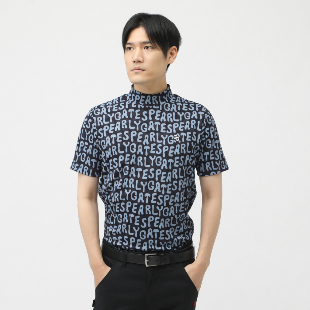 パーリーゲイツ モックネック 総柄 ハイネック ストレッチ ATHL 冷感 ポリエステルストレッチ半袖ハイネックカットソー 落書き柄