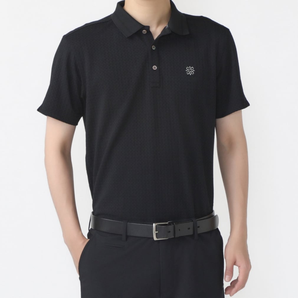 ギンガムジャガード半袖ポロ 0424160551(ブラック-M)