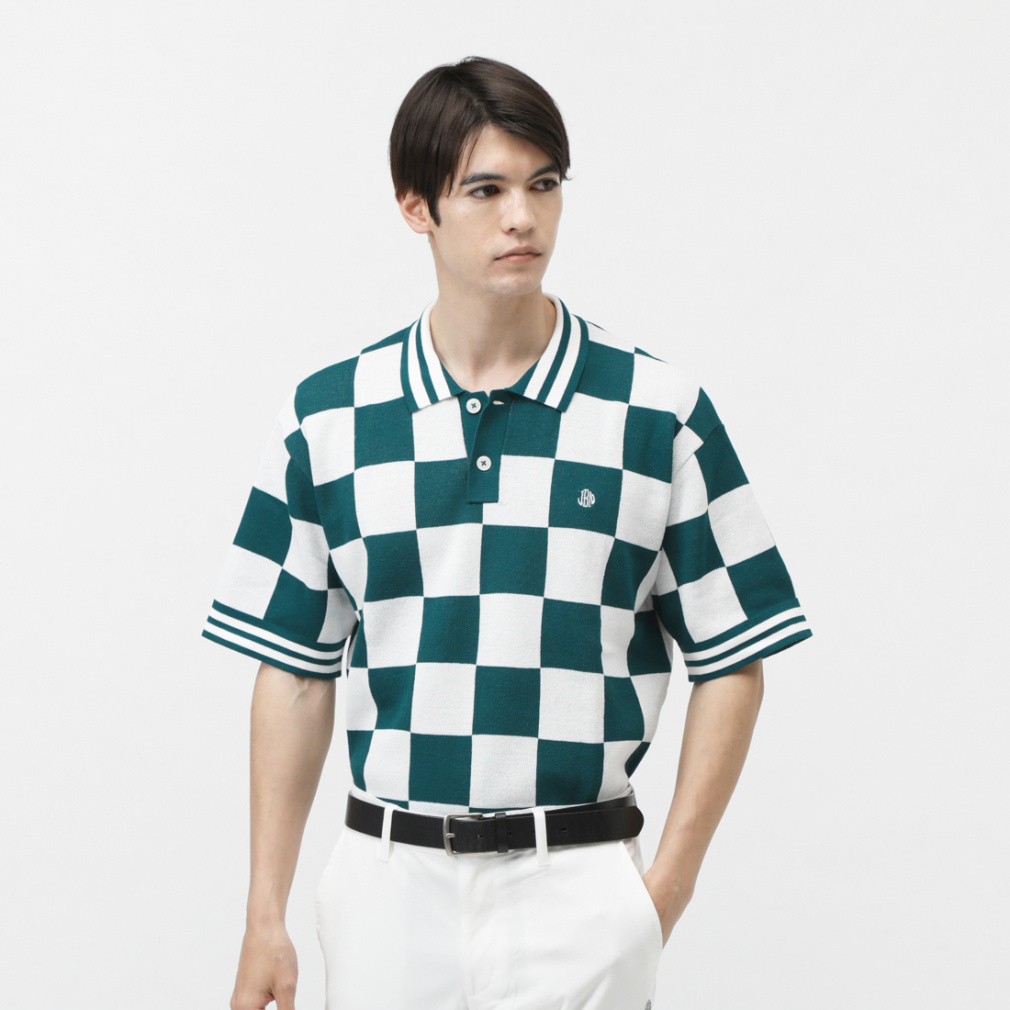 夏の注目アイテム☆ブルー＆ホワイトモノグラムニットポロシャツ 25SS 新作】WOMEN カラーブロックサマーニットポロ ホワイト