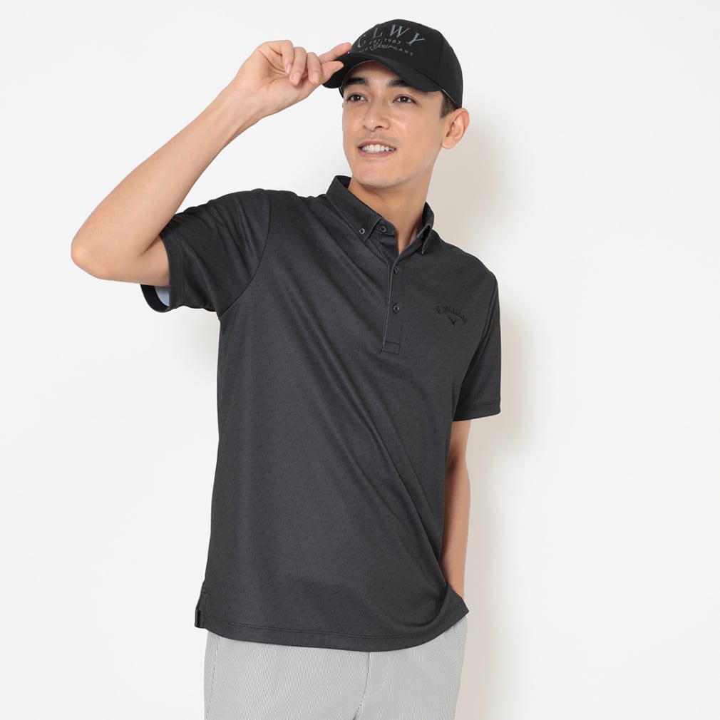 -3度裏クール総柄ボタンダウン半袖シャツ C26134109(ブラック-M)