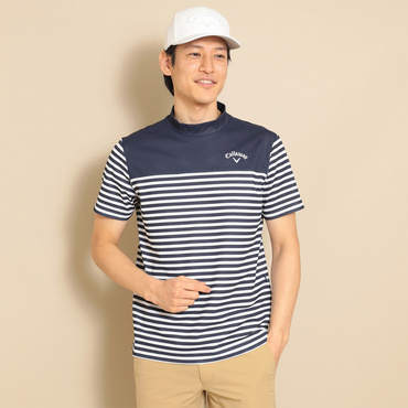 ボーダープリントメッシュカノコ モックネックシャツ(ネイビー-M)