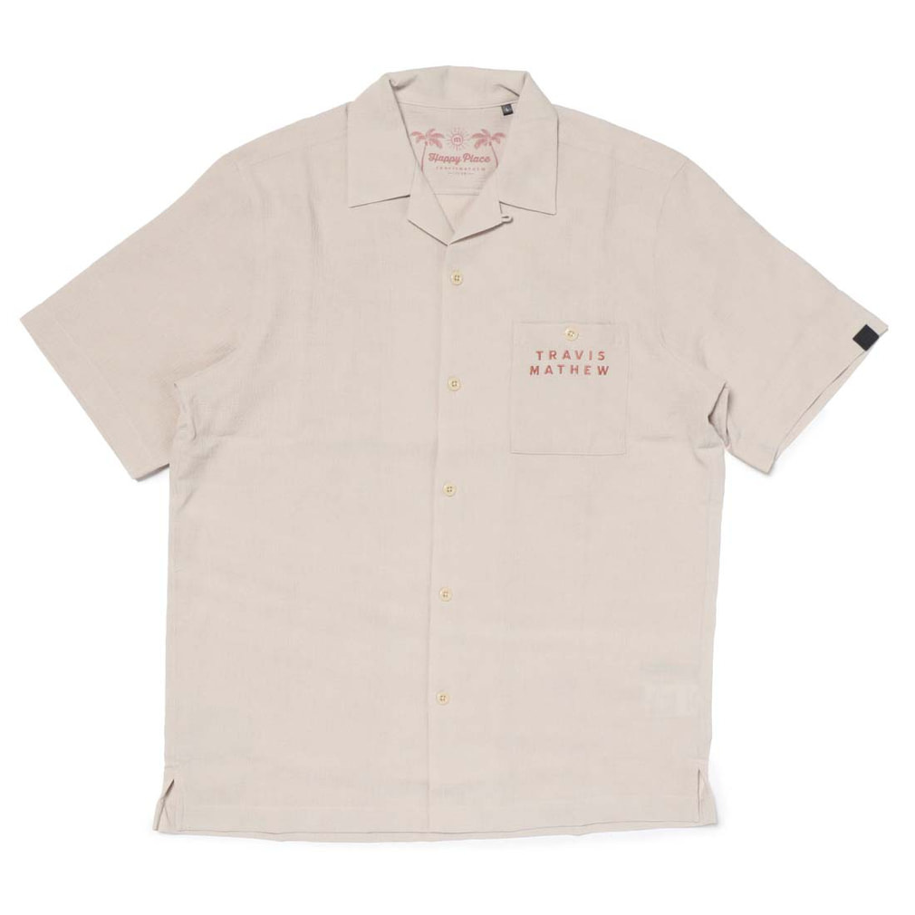新品 TRAVIS MATHEW ベージュ プリント柄 シャツ Lサイズ トラヴィスマシュー ゴルフウェア 半袖シャツ 春 夏 半袖バック