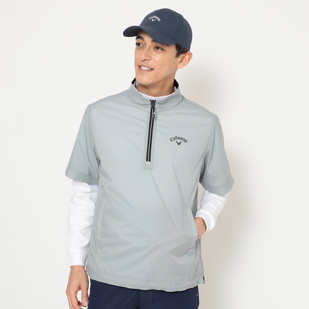 キャロウェイ ゴルフウェア 半袖ウインドブレーカー 秋 冬 ストレッチミニリップストップ半袖ハーフジップブルゾン (C25216100) メンズ Callaway