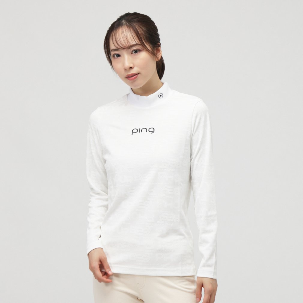 PGG ハイネック長袖シャツ ホワイト ピン レディース ゴルフウェア 長袖シャツ 秋 冬 ロゴジャカード長袖