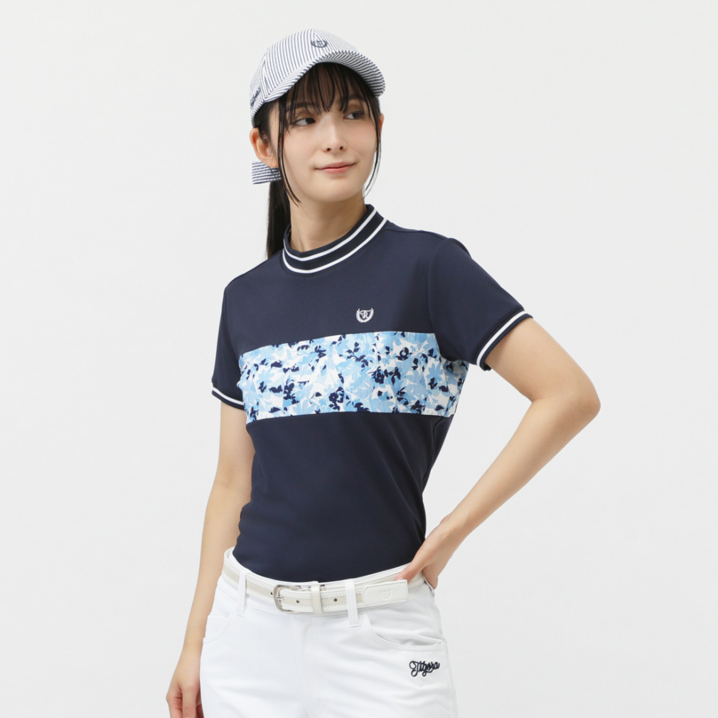 遮熱UVカット鹿の子柄切替半袖モックシャツ TR-1H2135H(ネイビー-S　レディス)