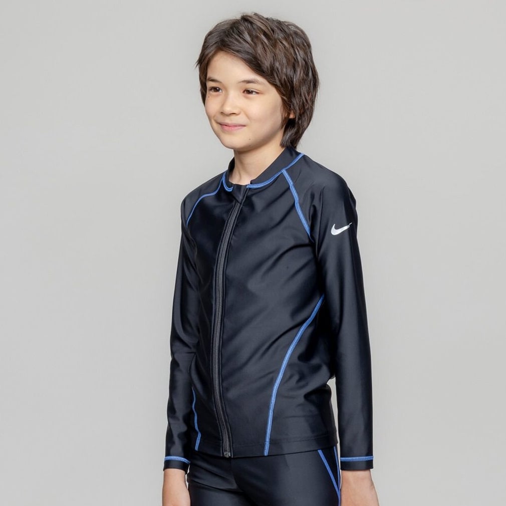 SS26 ユニセックスジップ付き長袖ラッシュガード(ブルー×ブラック-130cm)