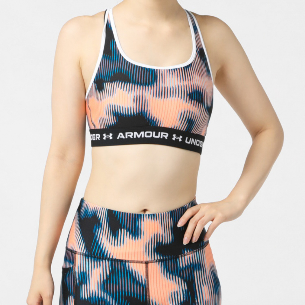UAクロスバック プリントブラ ミディアムサポート(サーモンピンク×ブルー-S)