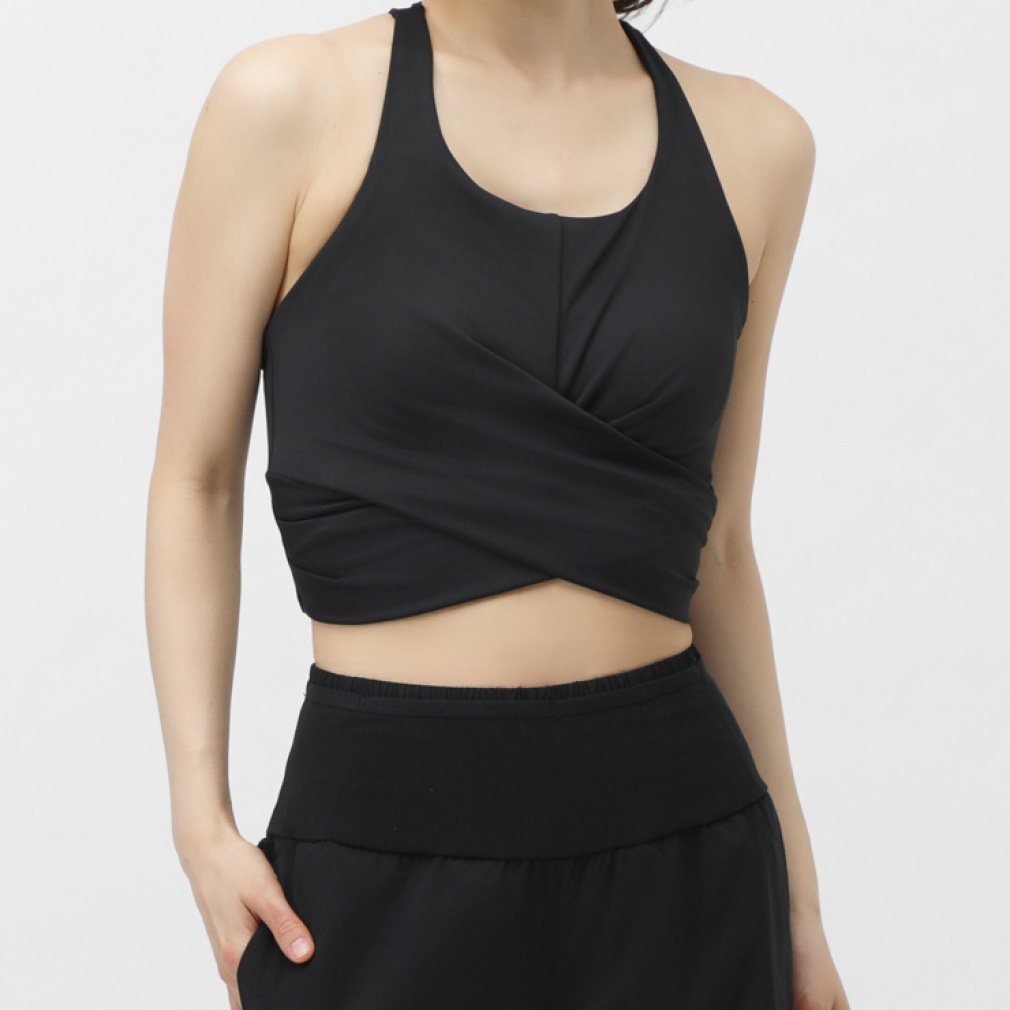 フィットネス ミドルサポート 裾絞りスポーツブラ(ブラック-S)