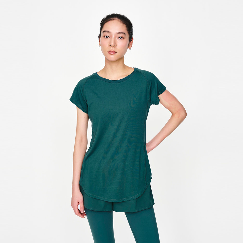 フィットネスラウンドテールTシャツ(グリーン-S)