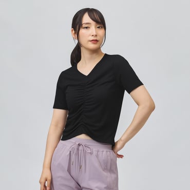 シャーリング半袖フィットネスTシャツ