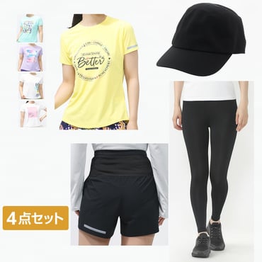 ランニングウェア 4点セット アイドライUVカットTシャツ/マルチポケットパンツ 4インチ/ロングタイツ/軽量ランニングキャップ