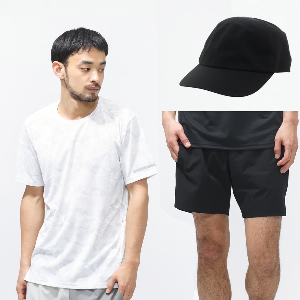 アイドライ通気ランニング半袖Tシャツ / マルチポケットランニングショーツ / 軽量ランニングキャップ(ライトグレー×ホワイト-S ﾕﾆ)