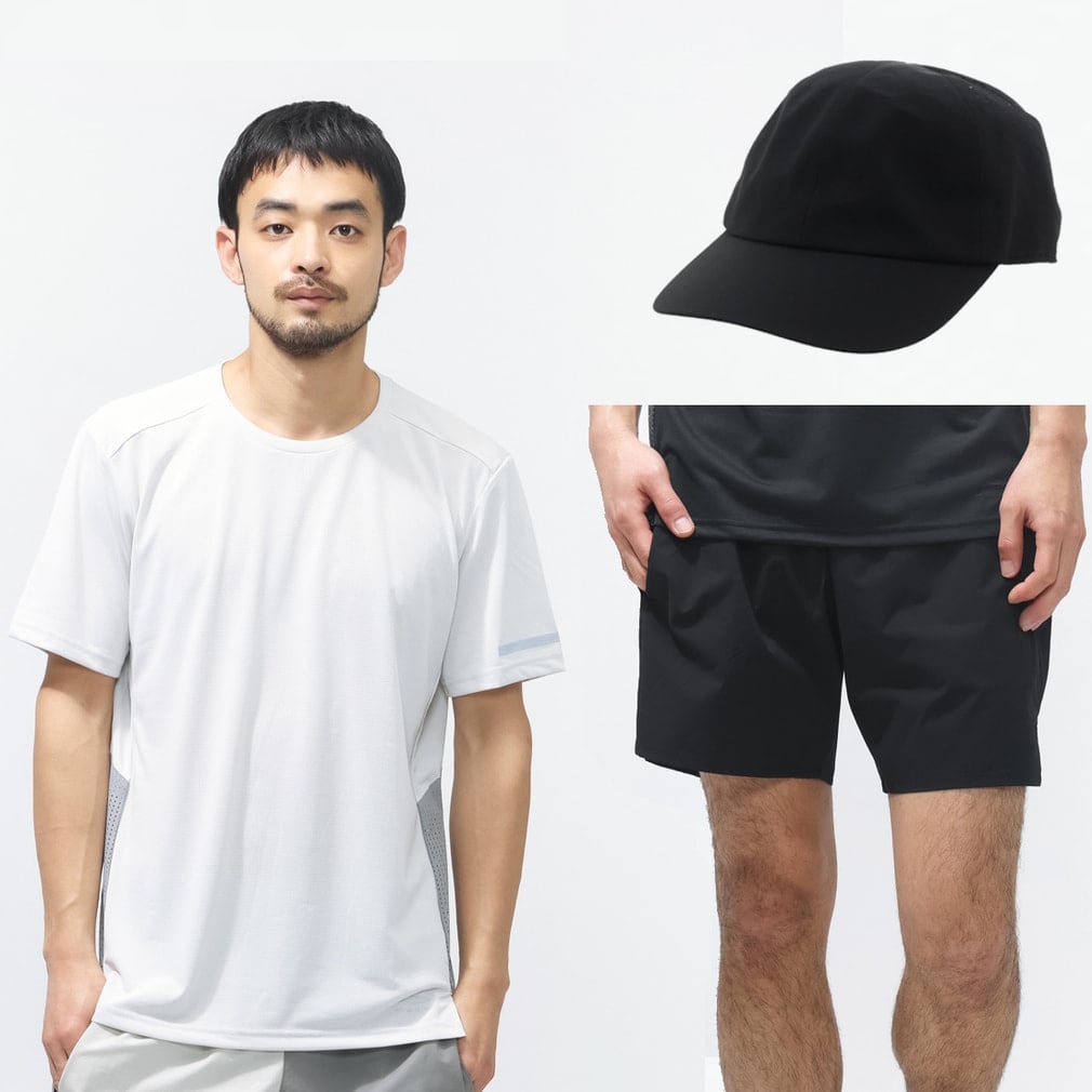 アイドライ通気ランニング半袖Tシャツ / マルチポケットランニングショーツ / 軽量ランニングキャップ(ライトグレー×グレー-S ﾕﾆ)