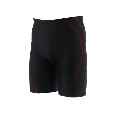 フィットネス水着セット スパッツ水着・2WAYストレッチ スイムキャップ・ワイドタイプスイミングゴーグル(ブラック×レッド-S ﾒﾝｽﾞ)