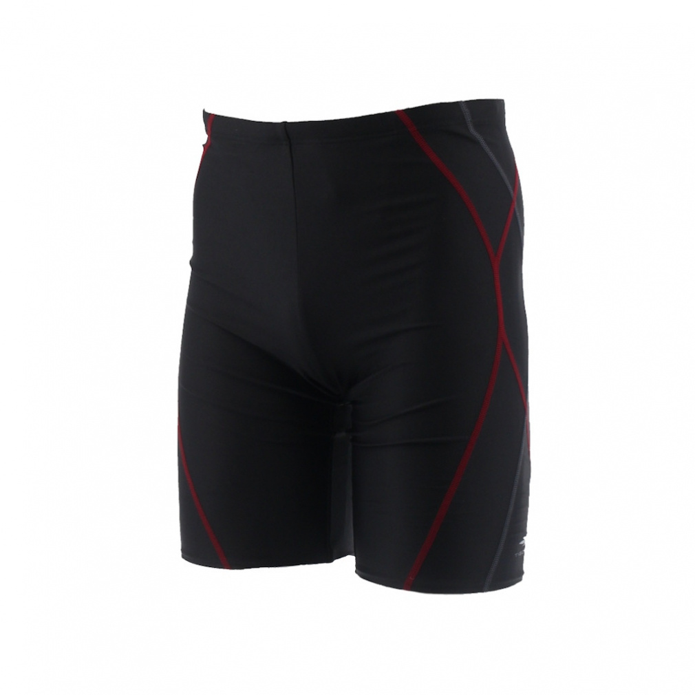 フィットネス水着セット スパッツ水着・2WAYストレッチ スイムキャップ・ワイドタイプスイミングゴーグル(ブラック×レッド-S ﾒﾝｽﾞ)