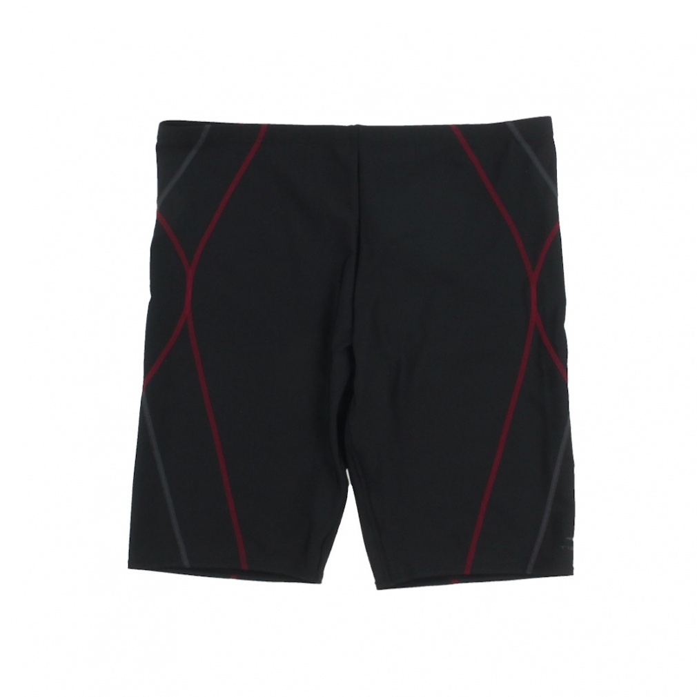 フィットネス水着セット スパッツ水着(ゆったりサイズ)・2WAYストレッチ スイムキャップ・ワイドタイプスイミングゴーグル(ブラック×レッド-XAﾒﾝｽﾞ(3XL)