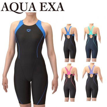 フィットネスワンピーススパッツ オープンバック ハーフレッグ ひっかけパッド AQUA EXA(ブラック×ブルー-XL)