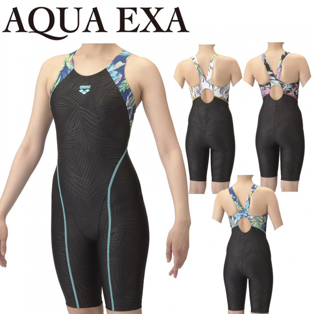 フィットネスワンピーススパッツ オープンバック ハーフレッグ ぴったりパッド AQUA EXA