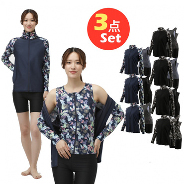 水着3点セット プリントデザインラッシュガード/ノースリーブ上下セット