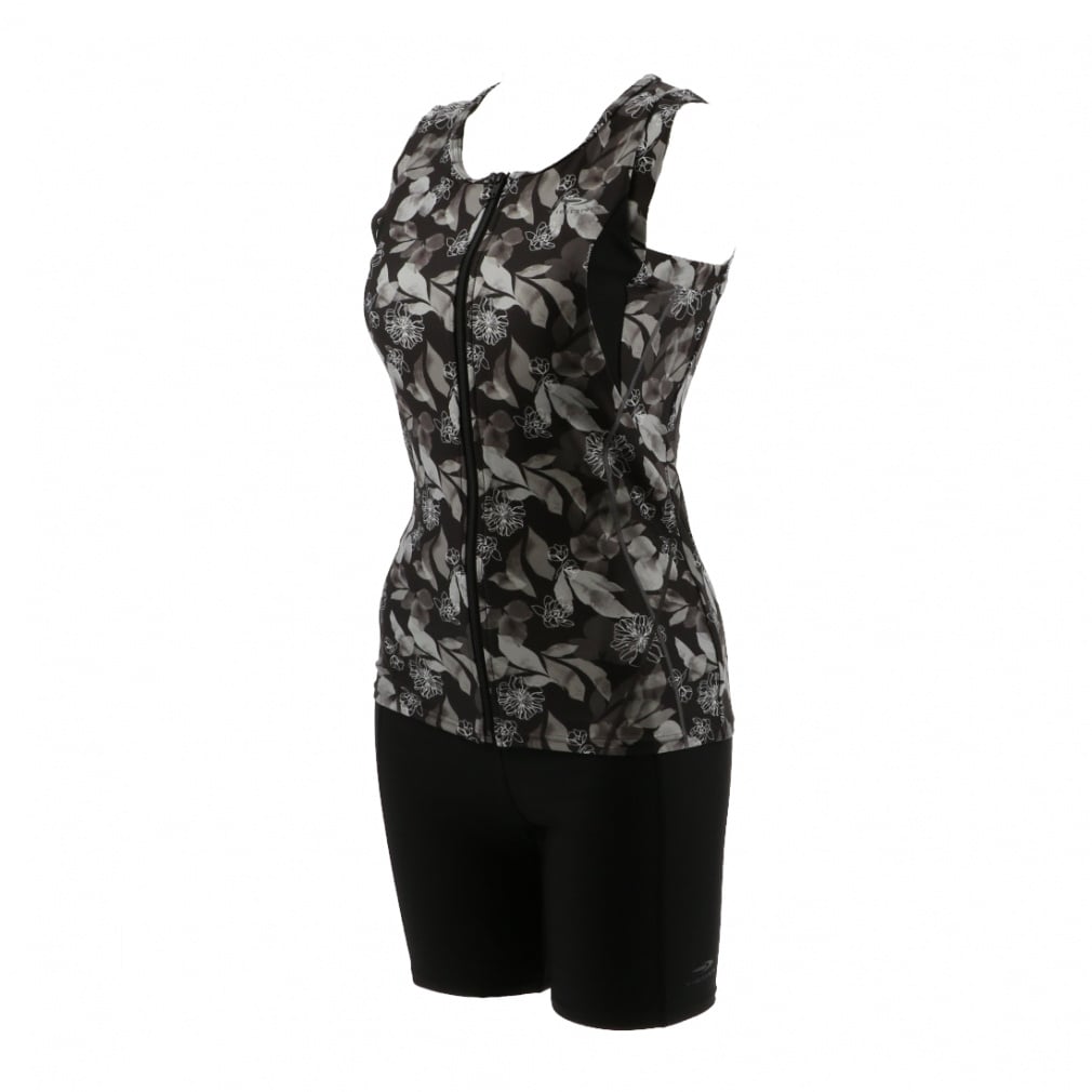 フィットネス水着 ノースリーブセット ボタニカルプリント(ブラック×グレー-M)