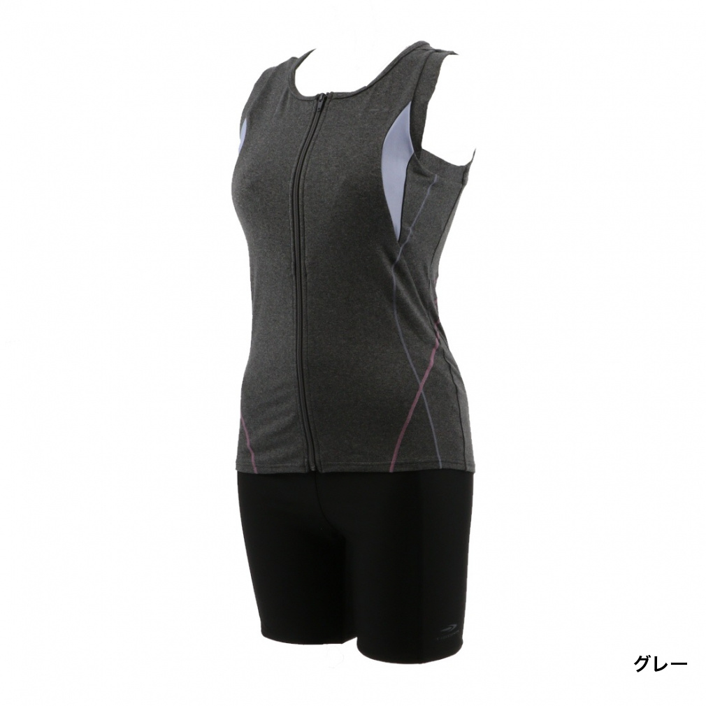 フィットネス水着セット ノースリーブセット水着・2WAYストレッチ スイムキャップ・ワイドタイプスイミングゴーグル(グレー-M ﾚﾃﾞｨｽ)