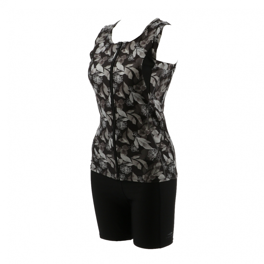 フィットネス水着セット ノースリーブセット水着・2WAYストレッチ スイムキャップ・ワイドタイプスイミングゴーグル(ブラック×グレー-M ﾚﾃﾞｨｽ)