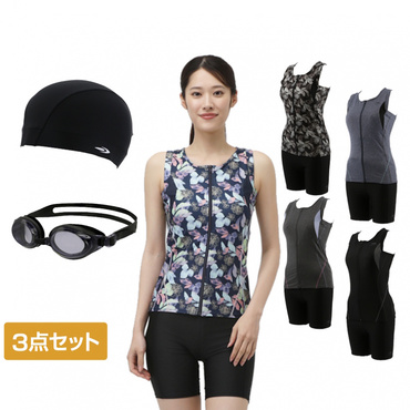 フィットネス水着セット ノースリーブセット水着・2WAYストレッチ スイムキャップ・ワイドタイプスイミングゴーグル