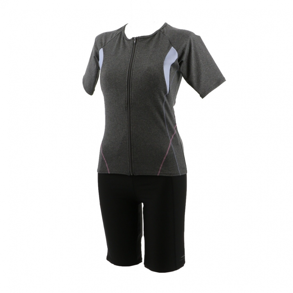 フィットネス水着セット 半袖セット・2WAYストレッチ スイムキャップ・ワイドタイプスイミングゴーグル(グレー-M ﾚﾃﾞｨｽ)