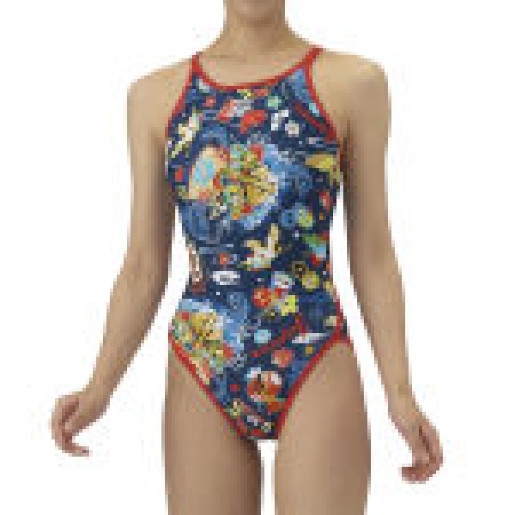 トレーニングワンピース(オープンバック) TOUGHSUIT(ネイビー×レッド-XS)