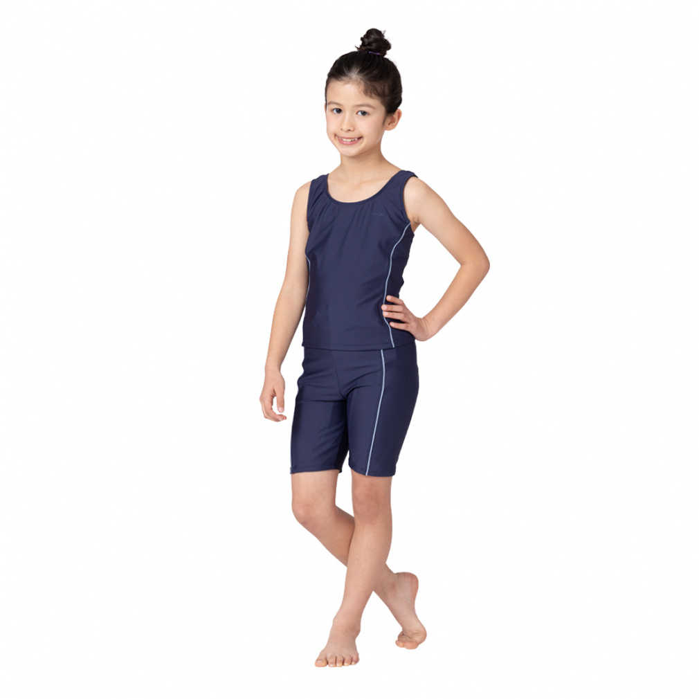 スクール水着 ガールズ ノースリーブセット(ネイビー-130cm)