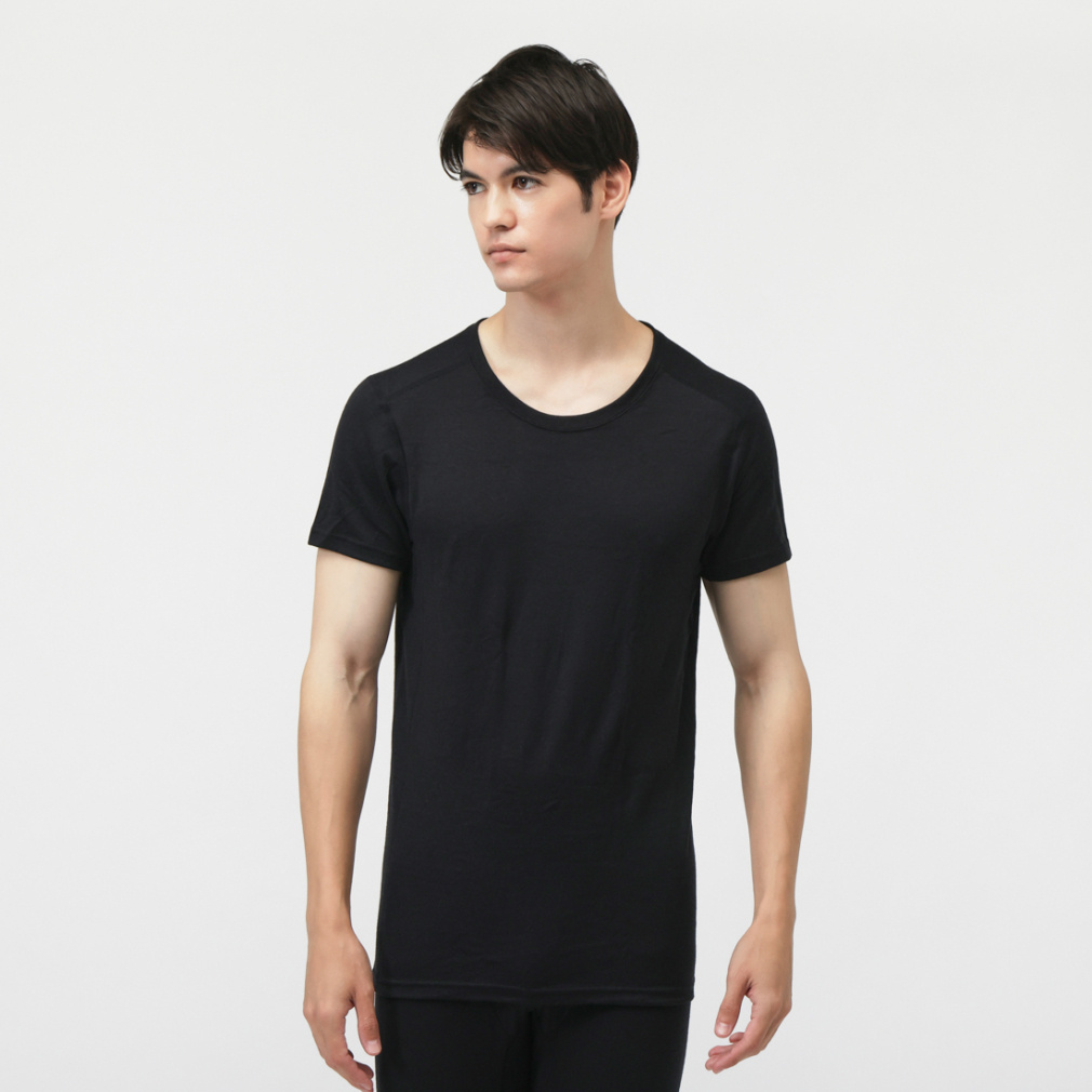 IHEAT メリノウール ウールインナー クルーネック半袖インナー(ブラック-S)