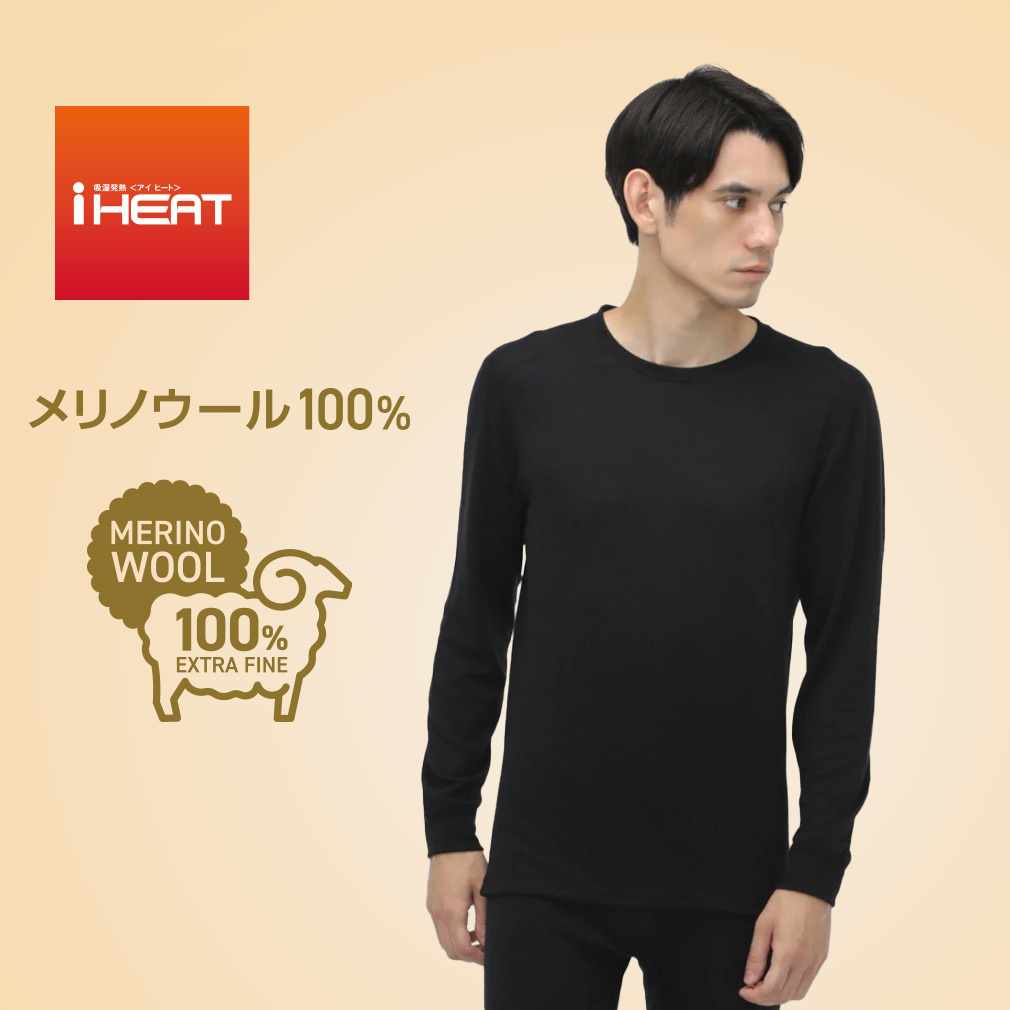 メリノウール インナー （長袖クルーネック/ブラック/M）ウール100% メンズ iHEAT インナー メリノウール100％ クルーネック長袖｜Alpen Online