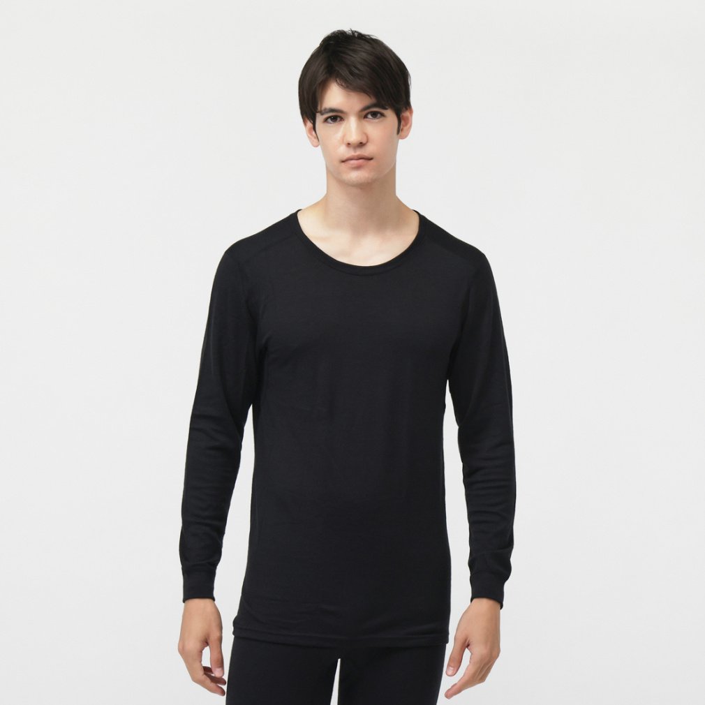 IHEAT メリノウール ウールインナー ワイドクルーネック長袖インナー(ブラック-S)