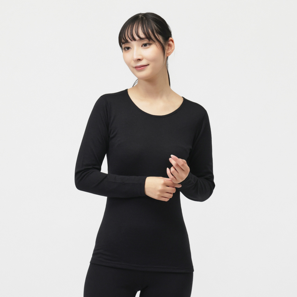 IHEAT メリノウール ウールインナー Uネック長袖インナー(ブラック-S)