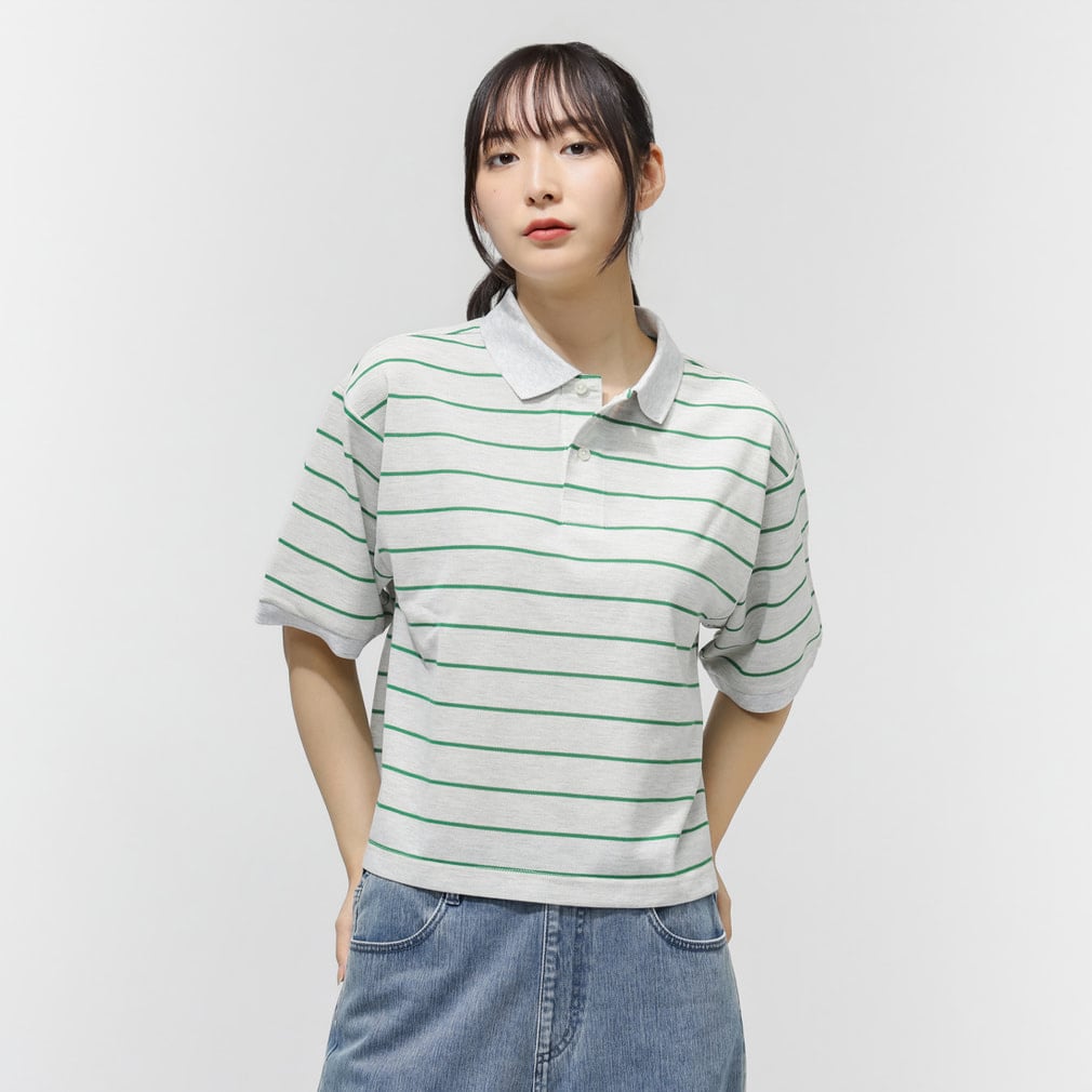 Troy Short-Sleeve Polo(ライトグレー×グリーン-M)