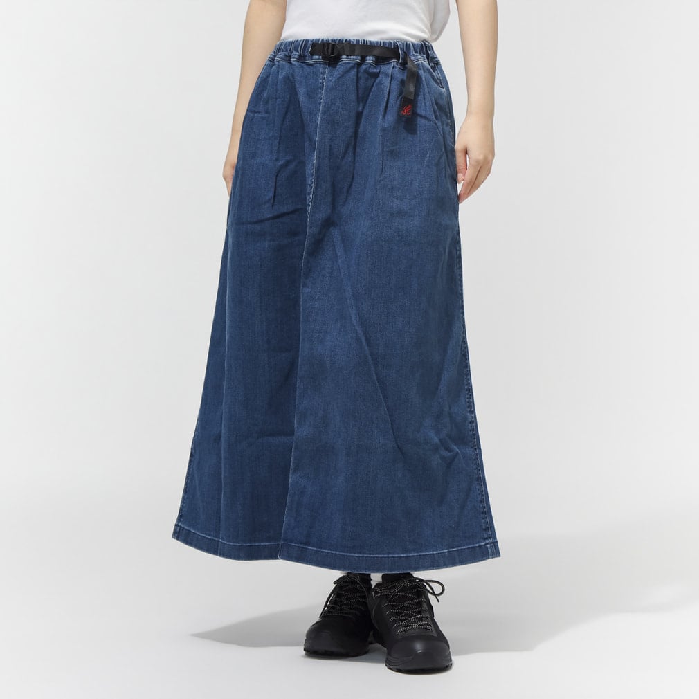 STRECH DENIM LONG FLARE SKIRT(ダークブルー-S)