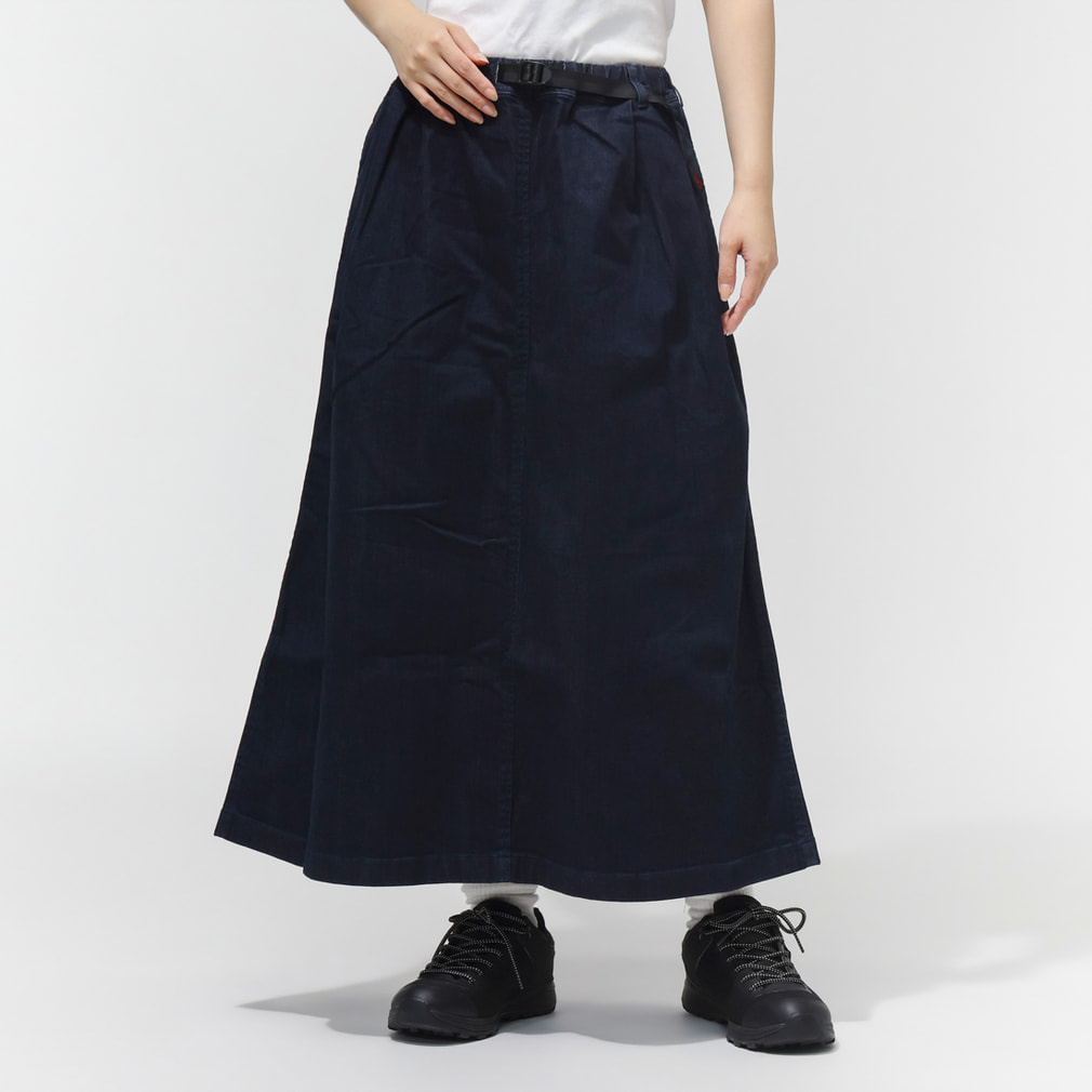 STRECH DENIM LONG FLARE SKIRT(ネイビー-S)