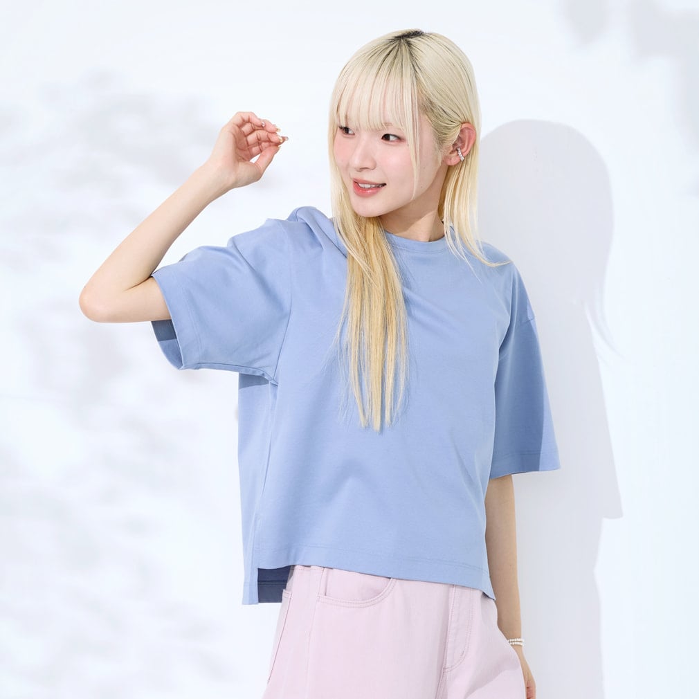 UVカットコットンオーバーサイズTシャツ(グレイシュブルー-S)