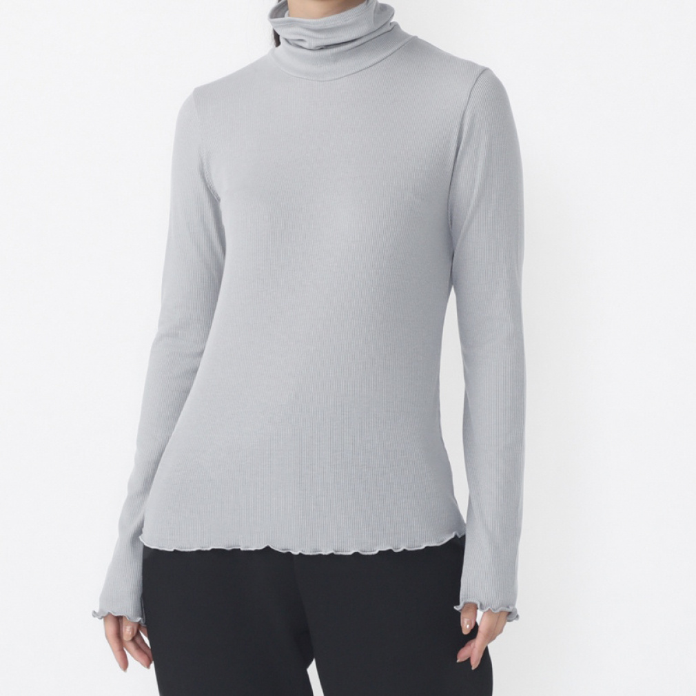 ストレッチリブタートルネックTシャツ(グレー-S)