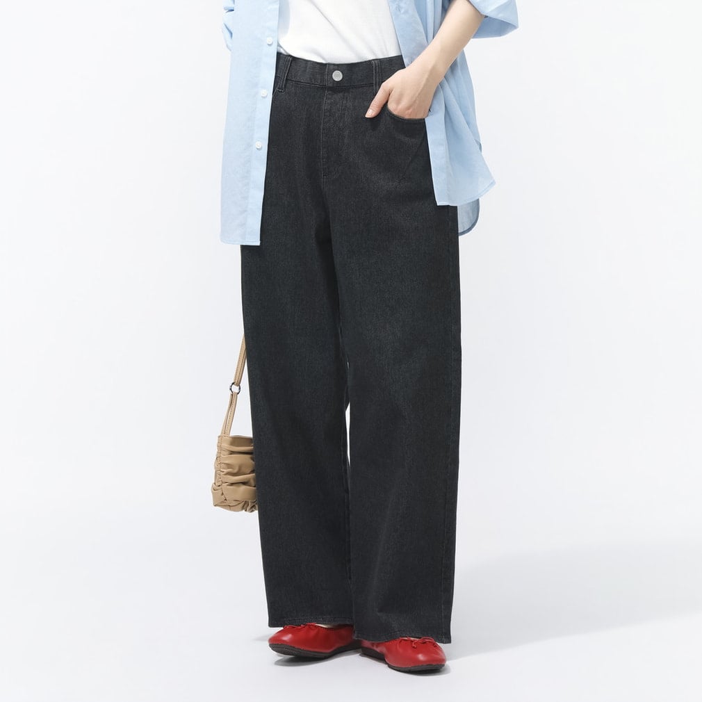 UVカットデニムワイドパンツ(ブラック-S)
