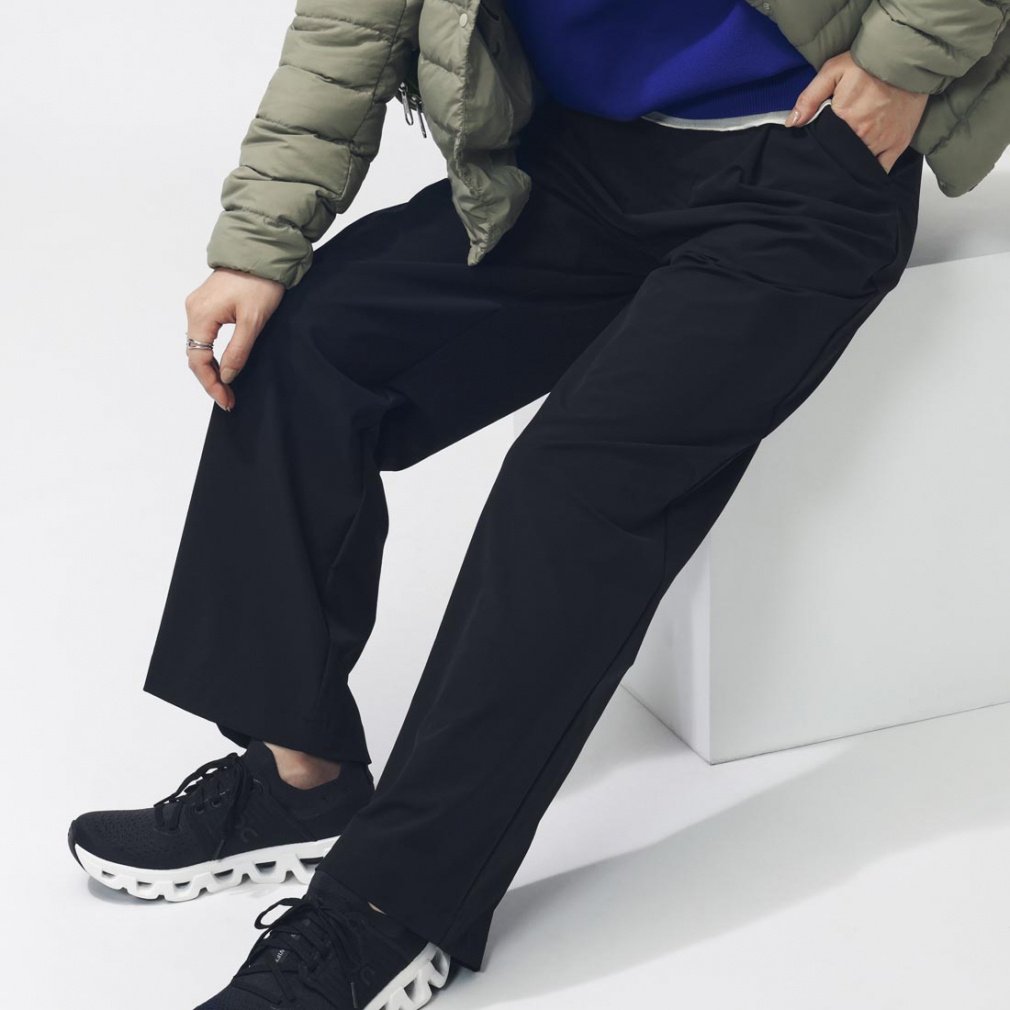 4WAYストレッチタックワイドパンツ(ブラック-S)