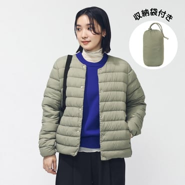 ライトダウンノーカラージャケット(オリーブ-S)