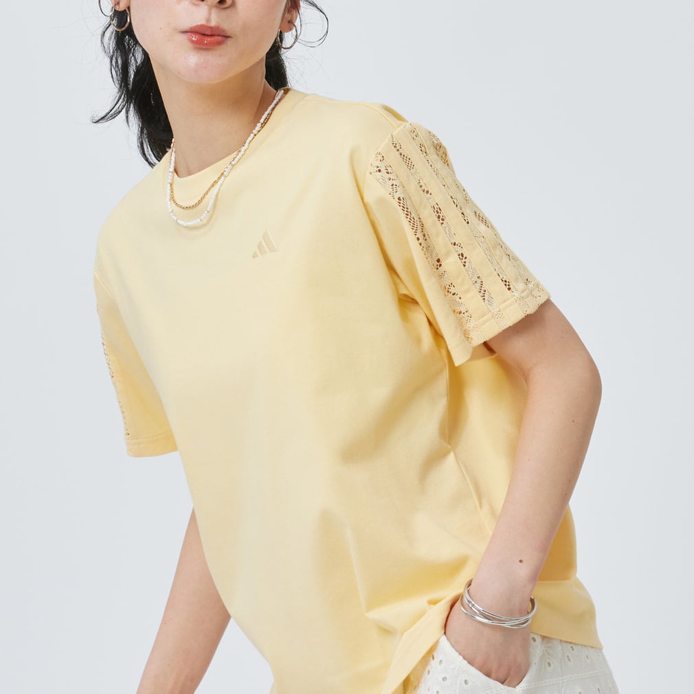 PRISM COLLECTION レーススリーストライプ半袖Tシャツ(オレンジイエロー-S)