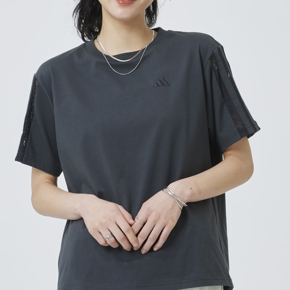 PRISM COLLECTION レーススリーストライプ半袖Tシャツ(ダークグレー-S)