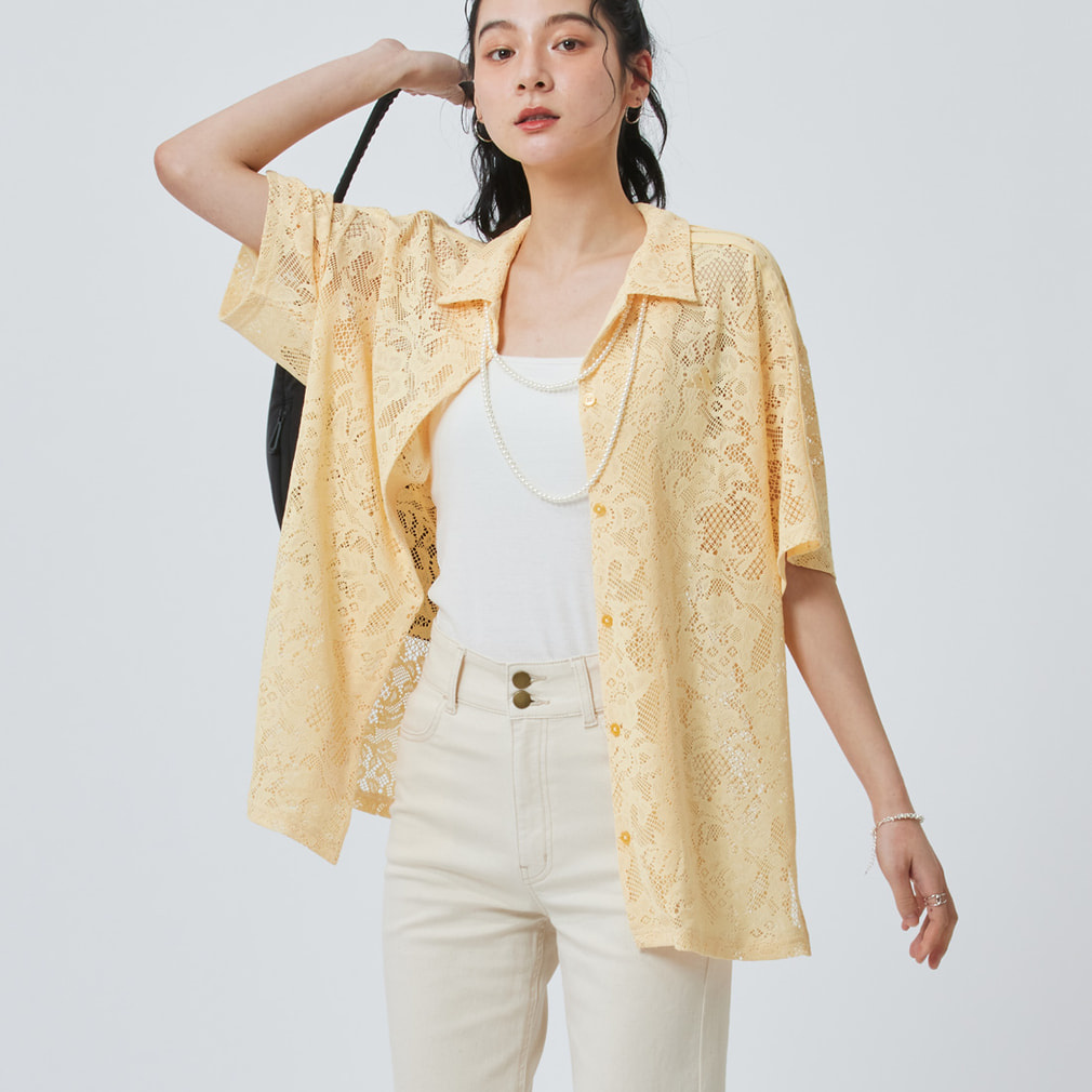 PRISM COLLECTION レース半袖シャツ(オレンジイエロー-S)