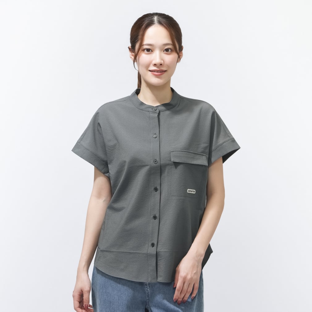 SEERSUCKER STAND CL SHIRT L シアサッカーシャツ(チャコールグレー-M)