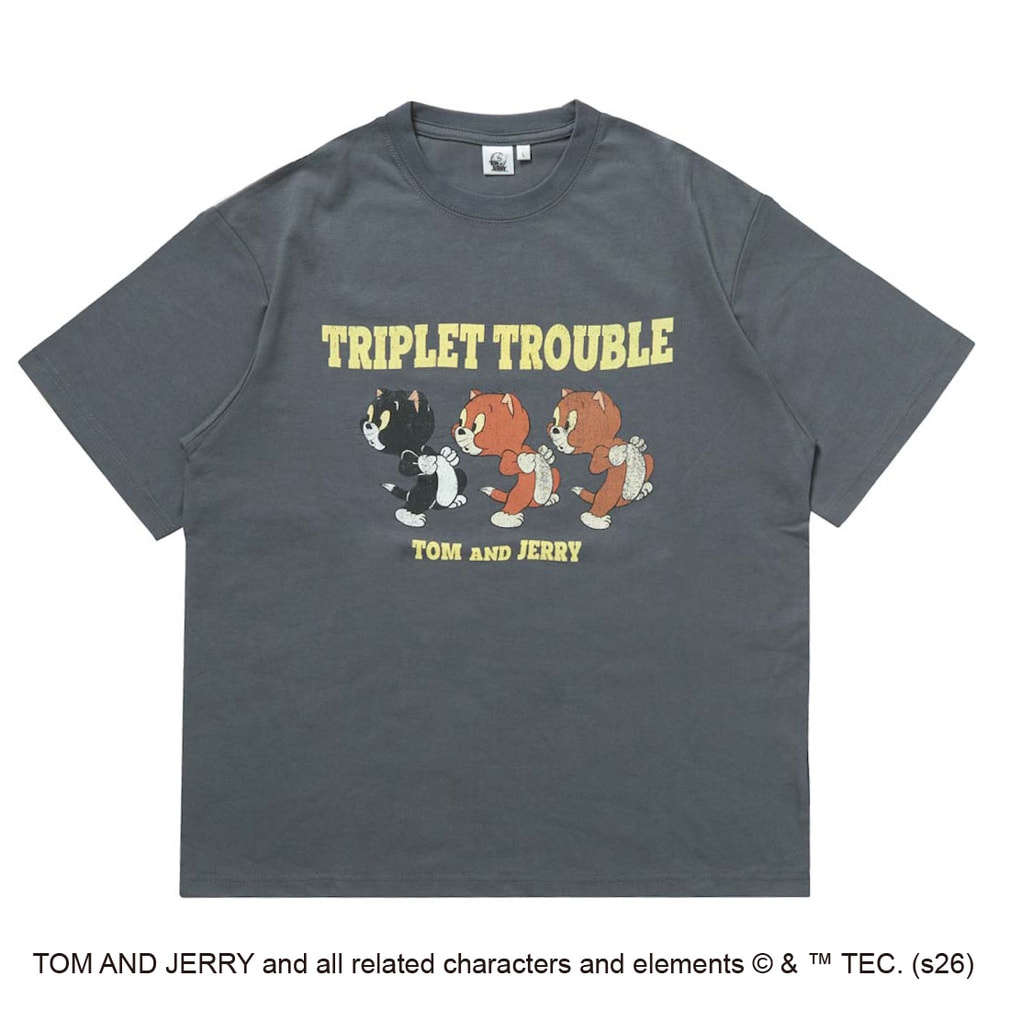 Tom and Jerry フロントグラフィックTシャツ(フラフ、マフ、パフ)(ダークグレー-S)